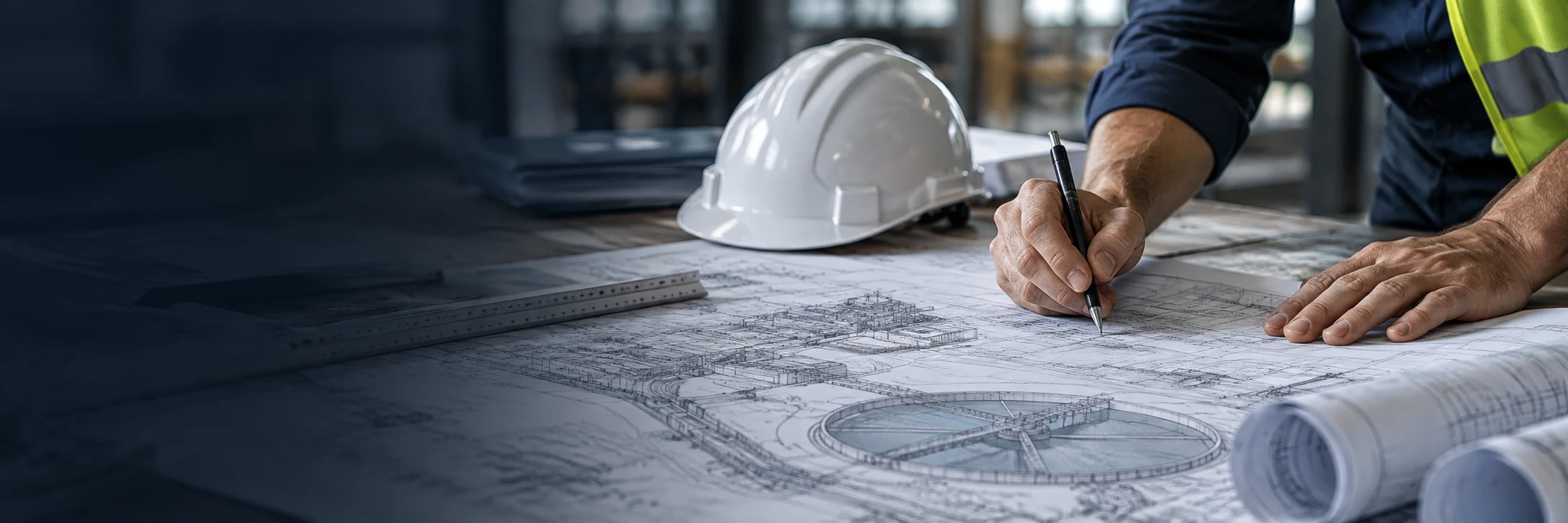 Teknik planlar üzerinde çalışan mühendisin kavramsal görseli